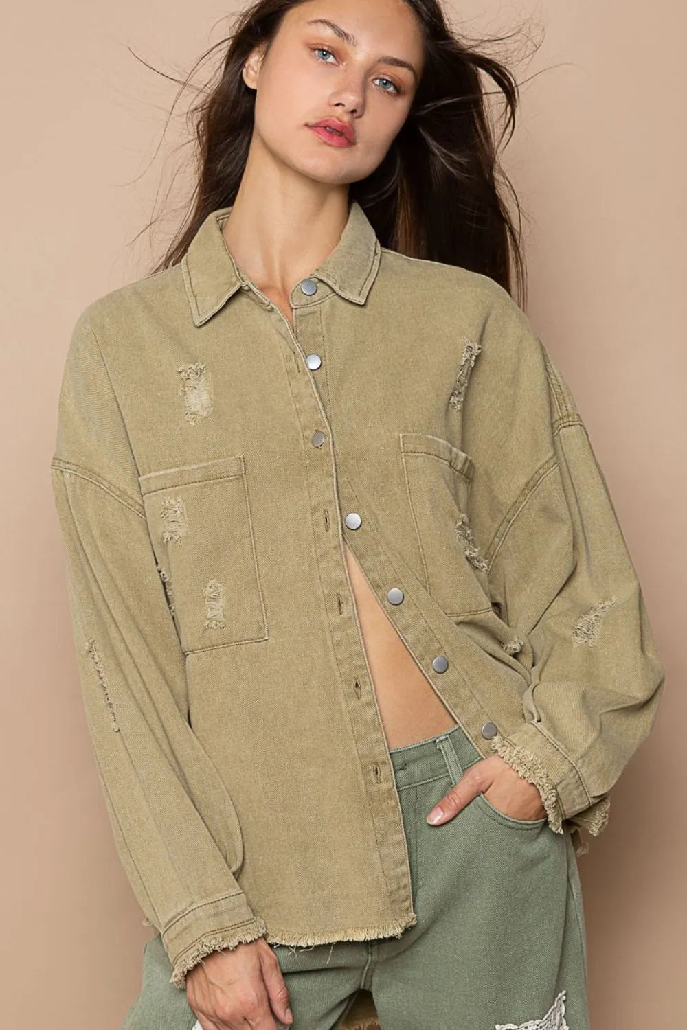 POL Button Down Raw Hem Distressed Shacket-Womens Outerwear/Shacket-Trendsi-[option4]-[option5]-[option6]-[option7]-[option8]-Shop-Boutique-Clothing-for-Women-Online