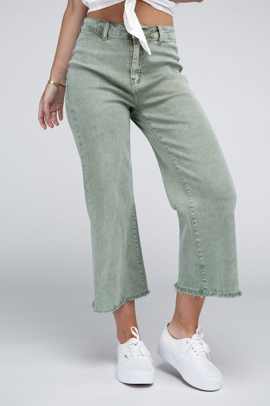 Zenana Acid Washed High Waist Frayed Hem Straight Pants-ZENANA-OLIVE-S-[option4]-[option5]-[option6]-[option7]-[option8]-Shop-Boutique-Clothing-for-Women-Online