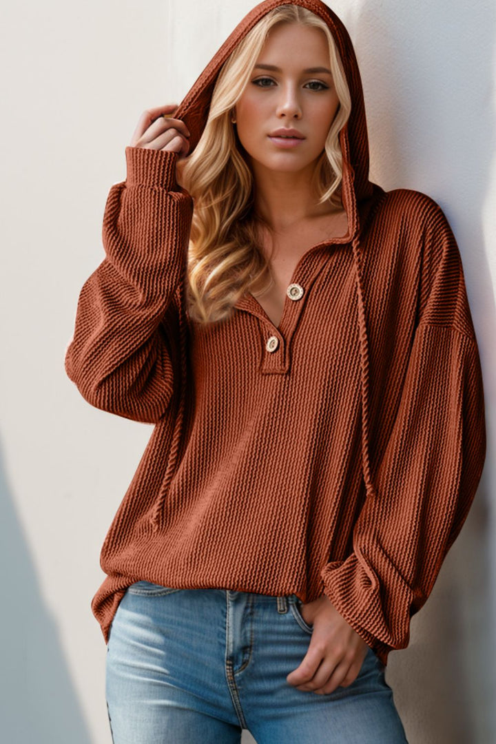 Double Take Half Button Long Sleeve Hoodie-Trendsi-Caramel-S-[option4]-[option5]-[option6]-[option7]-[option8]-Shop-Boutique-Clothing-for-Women-Online