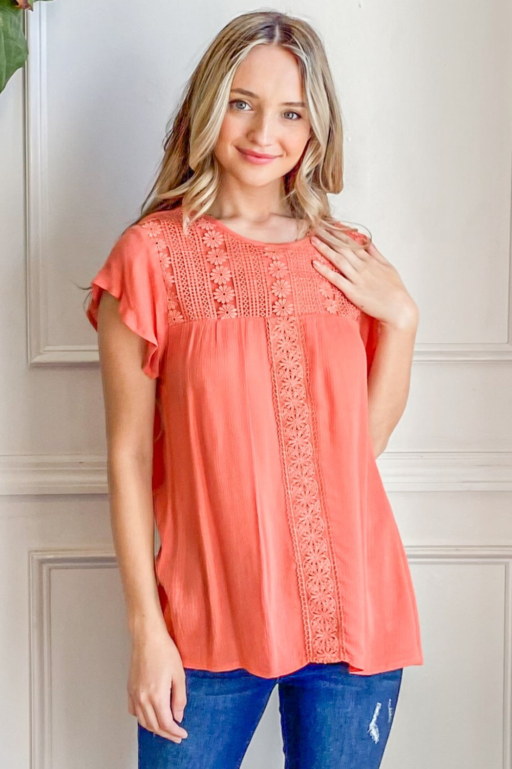 And The Why Lace Detail Ruffle Short Sleeve Blouse-The Bee Chic Boutique-CORAL-S-[option4]-[option5]-[option6]-[option7]-[option8]-Shop-Boutique-Clothing-for-Women-Online
