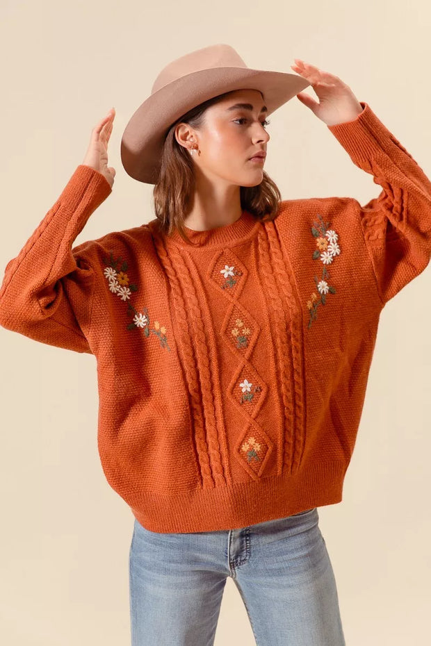 SO ME Embroidered Flower Cable Knitted Sweater-Sweaters-Trendsi-[option4]-[option5]-[option6]-[option7]-[option8]-Shop-Boutique-Clothing-for-Women-Online
