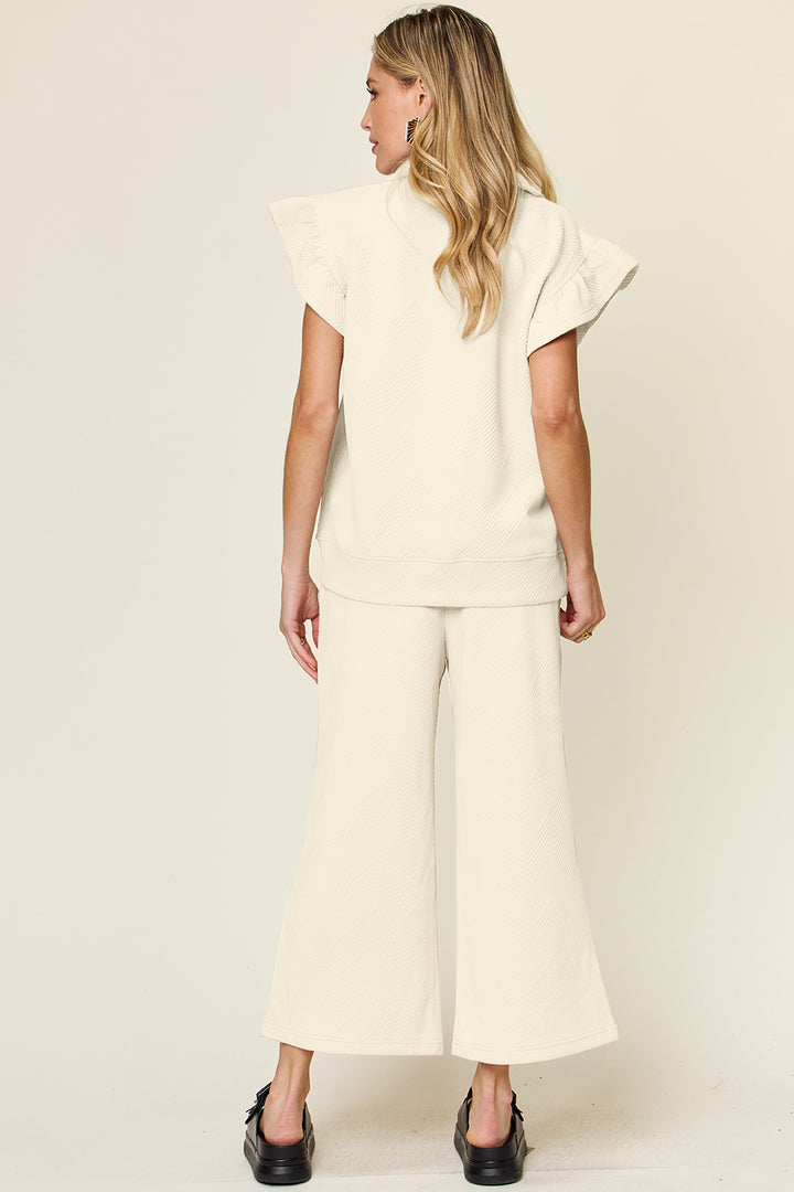 Double Take Texture Ruffle Short Sleeve Top and Drawstring Wide Leg Pants Set-Trendsi-[option4]-[option5]-[option6]-[option7]-[option8]-Shop-Boutique-Clothing-for-Women-Online