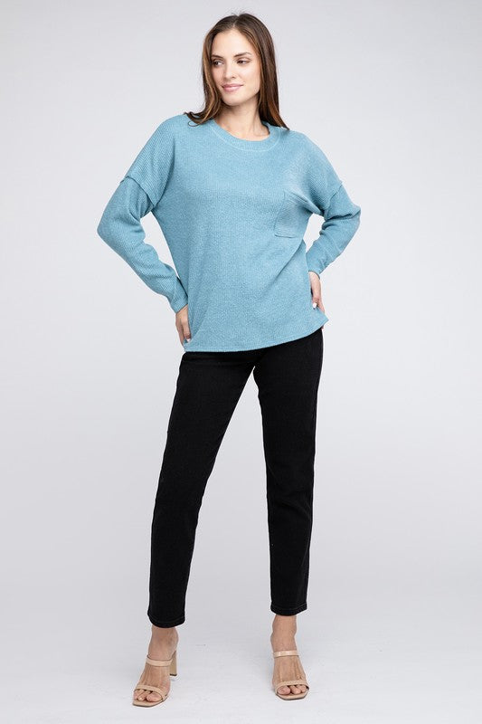 Zenana Ribbed Brushed Melange Hacci Sweater with a Pocket-ZENANA-[option4]-[option5]-[option6]-[option7]-[option8]-Shop-Boutique-Clothing-for-Women-Online