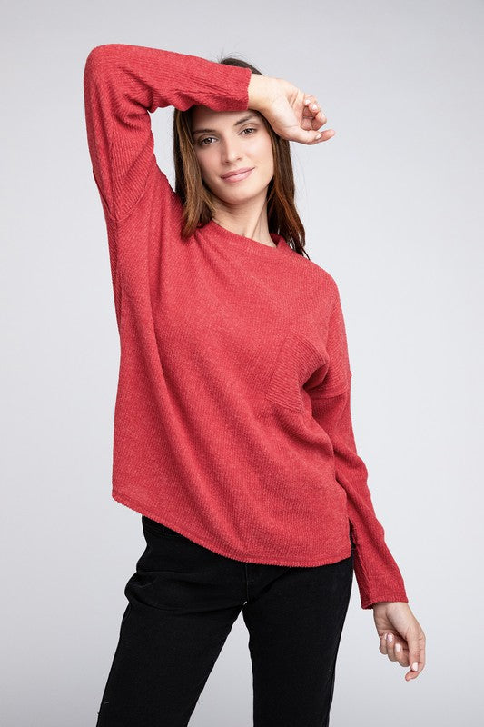 Zenana Ribbed Brushed Melange Hacci Sweater with a Pocket-ZENANA-[option4]-[option5]-[option6]-[option7]-[option8]-Shop-Boutique-Clothing-for-Women-Online