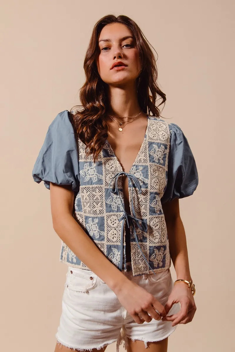 SO ME Crochet Lace Tie Front V Neck Blouse Top-Blouses-Trendsi-[option4]-[option5]-[option6]-[option7]-[option8]-Shop-Boutique-Clothing-for-Women-Online