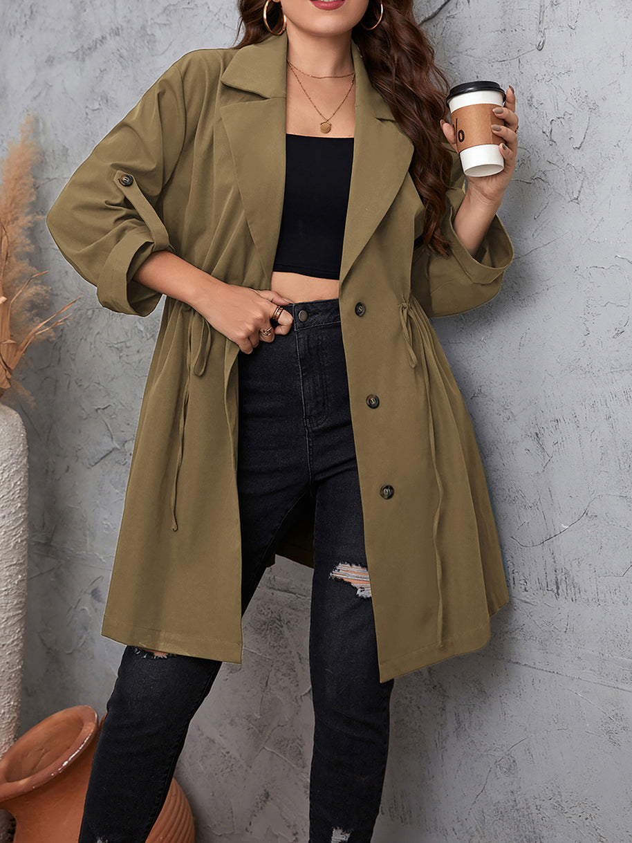 Honey Plus Size Lapel Collar Drawstring Roll-Tab Sleeve Trench Coat-Coats & Jackets-Trendsi-[option4]-[option5]-[option6]-[option7]-[option8]-Shop-Boutique-Clothing-for-Women-Online