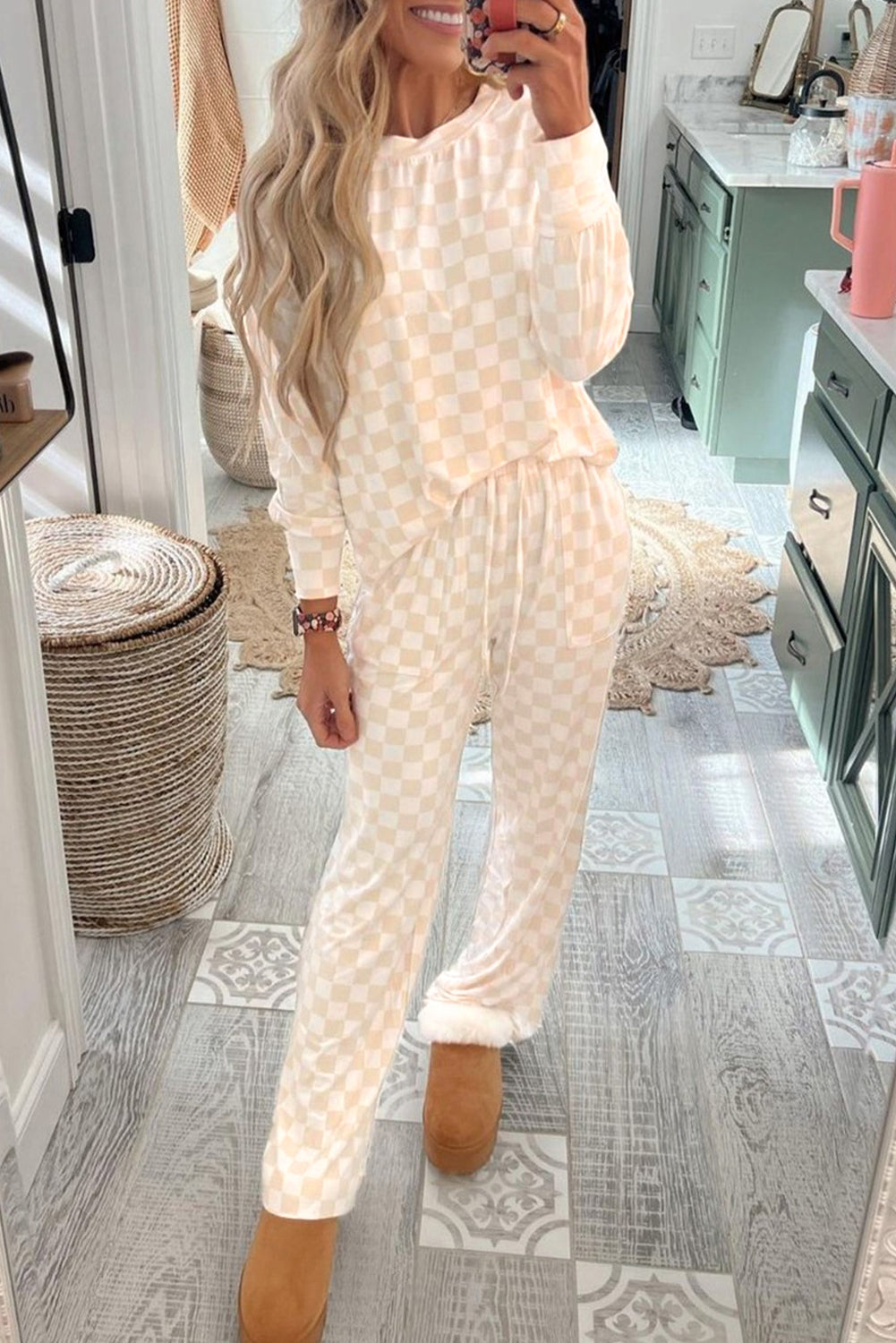 Beige Checkered Print Long Sleeve Loose Fit Pajama Set-Loungewear Set-Shewin-Beige-S-[option4]-[option5]-[option6]-[option7]-[option8]-Shop-Boutique-Clothing-for-Women-Online