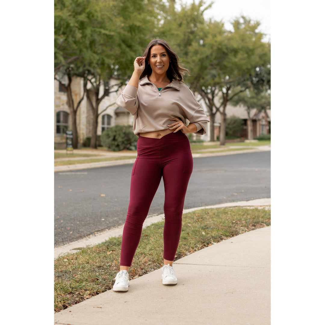 The Molly - MAROON Crossover Full Length Leggings with Pockets - Luxe Leggings by Julia Rose®-JuliaRoseWholesale-[option4]-[option5]-[option6]-[option7]-[option8]-Shop-Boutique-Clothing-for-Women-Online