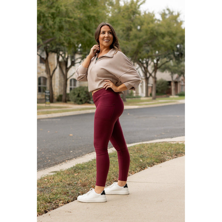 The Molly - MAROON Crossover Full Length Leggings with Pockets - Luxe Leggings by Julia Rose®-JuliaRoseWholesale-[option4]-[option5]-[option6]-[option7]-[option8]-Shop-Boutique-Clothing-for-Women-Online