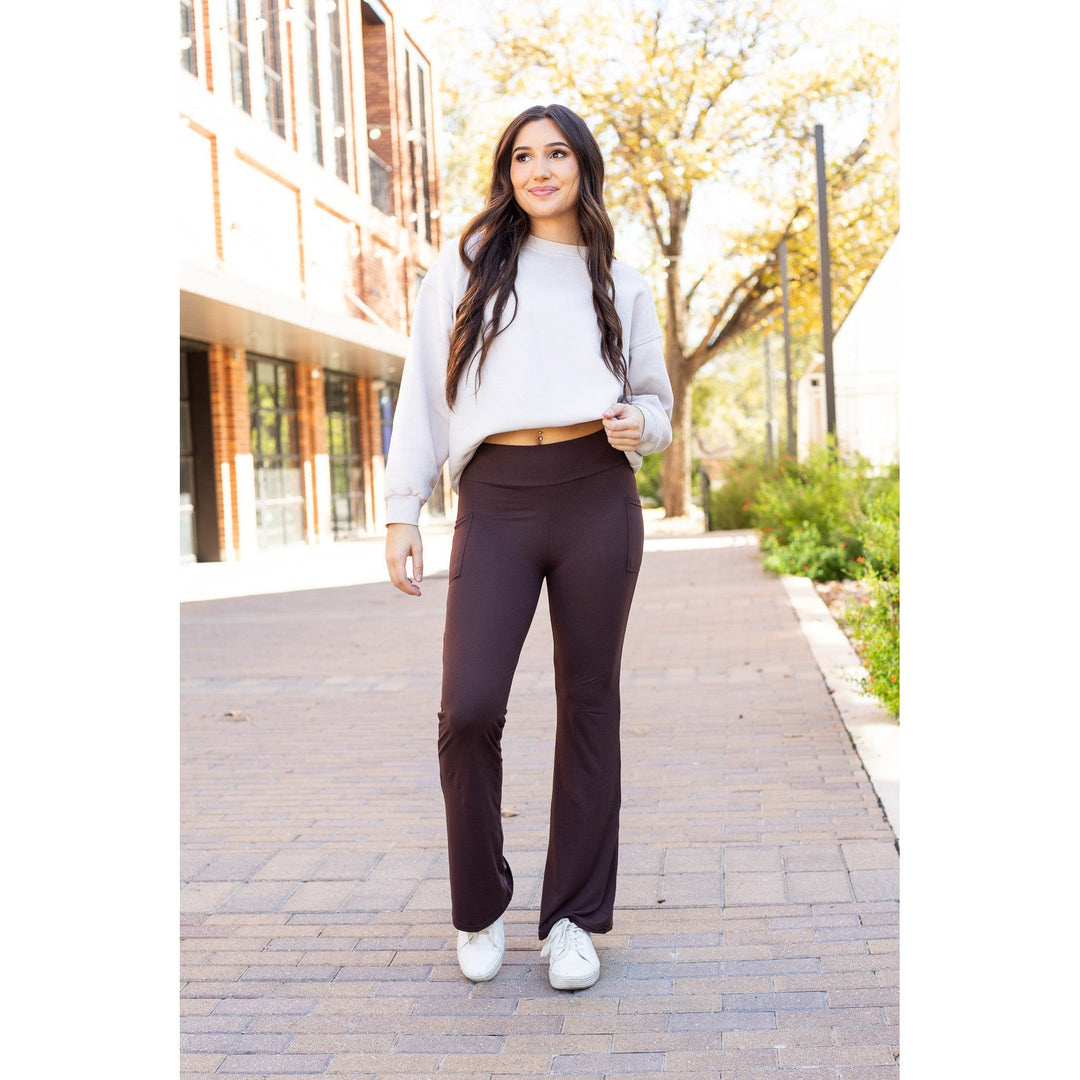 Ready to Ship | The Rhea - 30" BROWN Bootcut Leggings with Pockets Round 2-JuliaRoseWholesale-[option4]-[option5]-[option6]-[option7]-[option8]-Shop-Boutique-Clothing-for-Women-Online