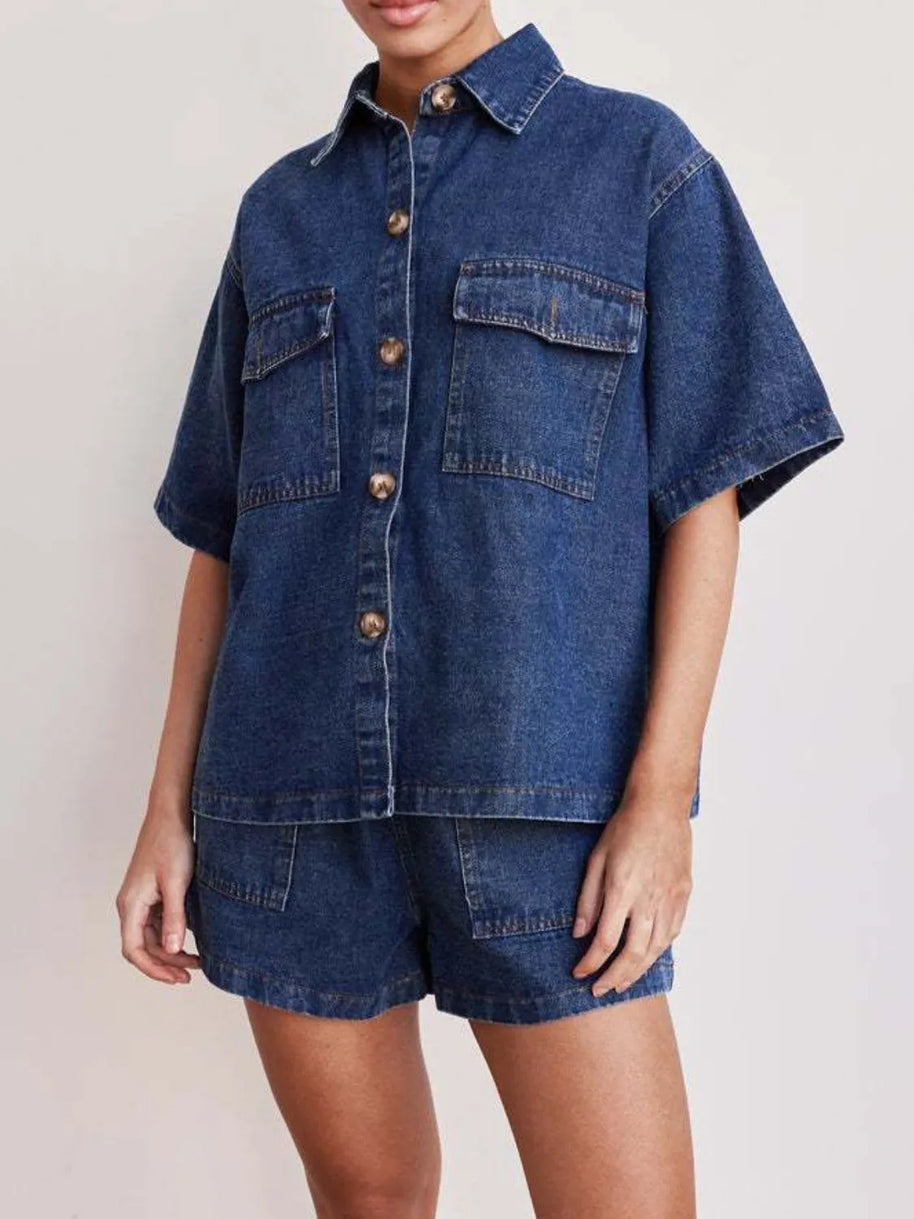 Button Up Short Sleeve Top and Shorts Denim Set-Sets-Trendsi-[option4]-[option5]-[option6]-[option7]-[option8]-Shop-Boutique-Clothing-for-Women-Online