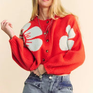 Davi & Dani Flower Contrast Round Neck Long Sleeve Cardigan-cardigan-Trendsi-[option4]-[option5]-[option6]-[option7]-[option8]-Shop-Boutique-Clothing-for-Women-Online