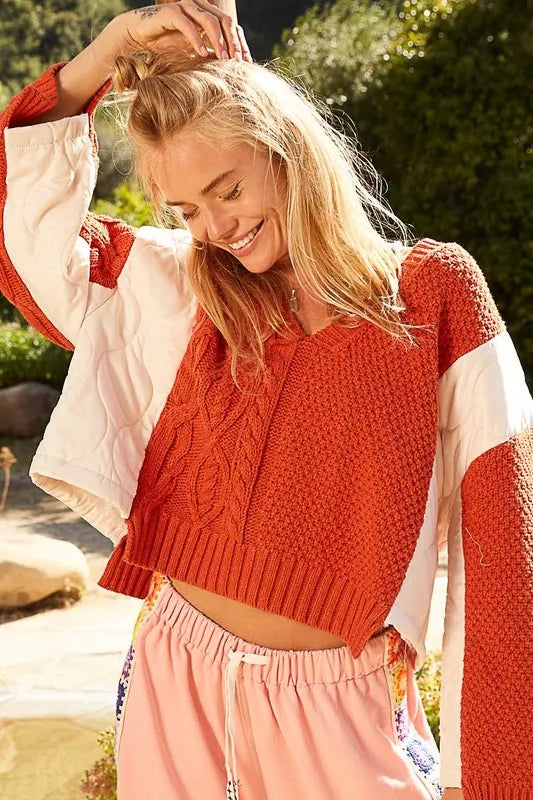 POL Cable Knit Quilting Patch V-Neck Contrast Sweater-Sweaters-Trendsi-[option4]-[option5]-[option6]-[option7]-[option8]-Shop-Boutique-Clothing-for-Women-Online