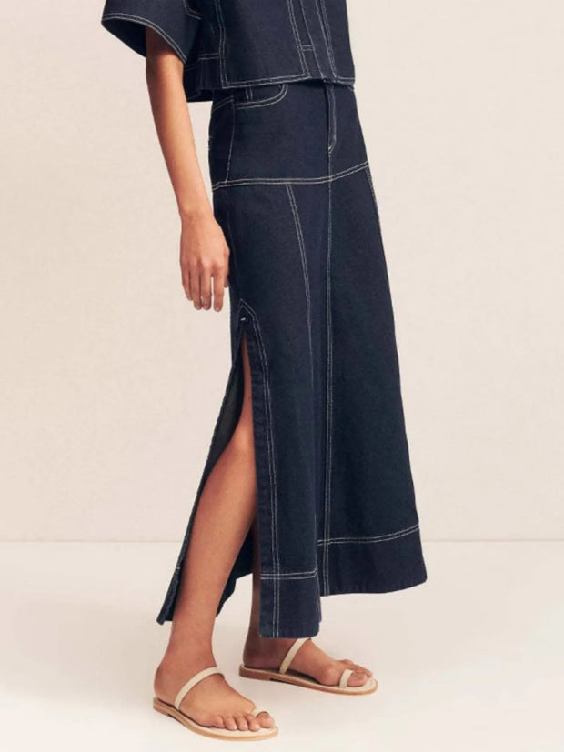 High-Waist Side Slit Contrast Stitch Denim Maxi Skirt-Skirts-Trendsi-[option4]-[option5]-[option6]-[option7]-[option8]-Shop-Boutique-Clothing-for-Women-Online