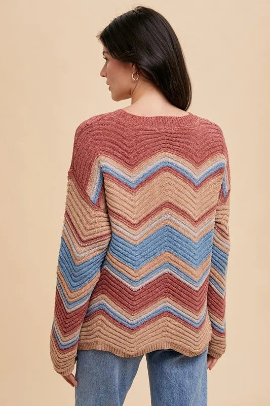 Annie Wear Multi Color Zig-Zag Round Neck Sweater-Sweaters-Trendsi-[option4]-[option5]-[option6]-[option7]-[option8]-Shop-Boutique-Clothing-for-Women-Online