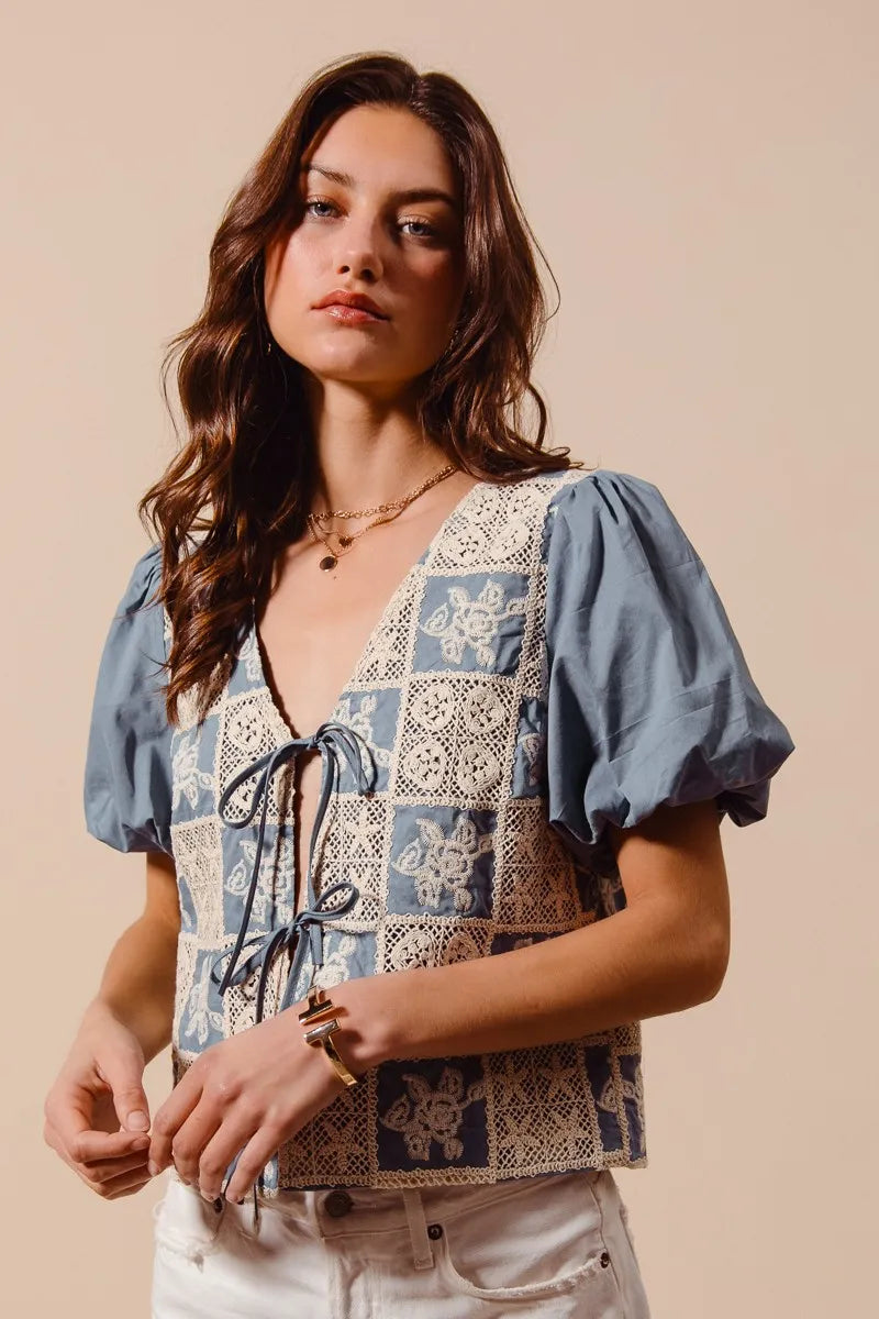 SO ME Crochet Lace Tie Front V Neck Blouse Top-Blouses-Trendsi-[option4]-[option5]-[option6]-[option7]-[option8]-Shop-Boutique-Clothing-for-Women-Online