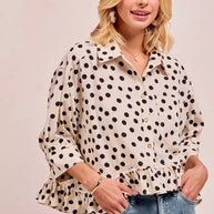 BiBi Polka Dot Printed Peplum Top with Front Button-Blouses-Trendsi-[option4]-[option5]-[option6]-[option7]-[option8]-Shop-Boutique-Clothing-for-Women-Online