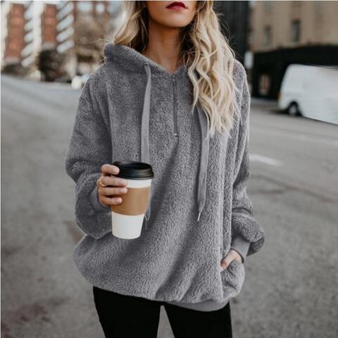 Quarter-Zip Drawstring Teddy Hoodie-The Bee Chic Boutique-Charcoal-S-[option4]-[option5]-[option6]-[option7]-[option8]-Shop-Boutique-Clothing-for-Women-Online