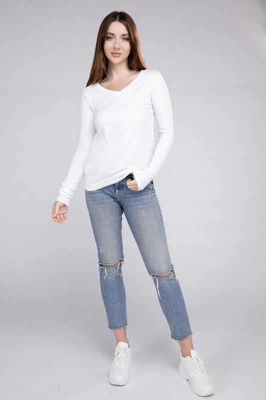 Zenana Cotton V-Neck Long Sleeve T-Shirt-ZENANA-[option4]-[option5]-[option6]-[option7]-[option8]-Shop-Boutique-Clothing-for-Women-Online