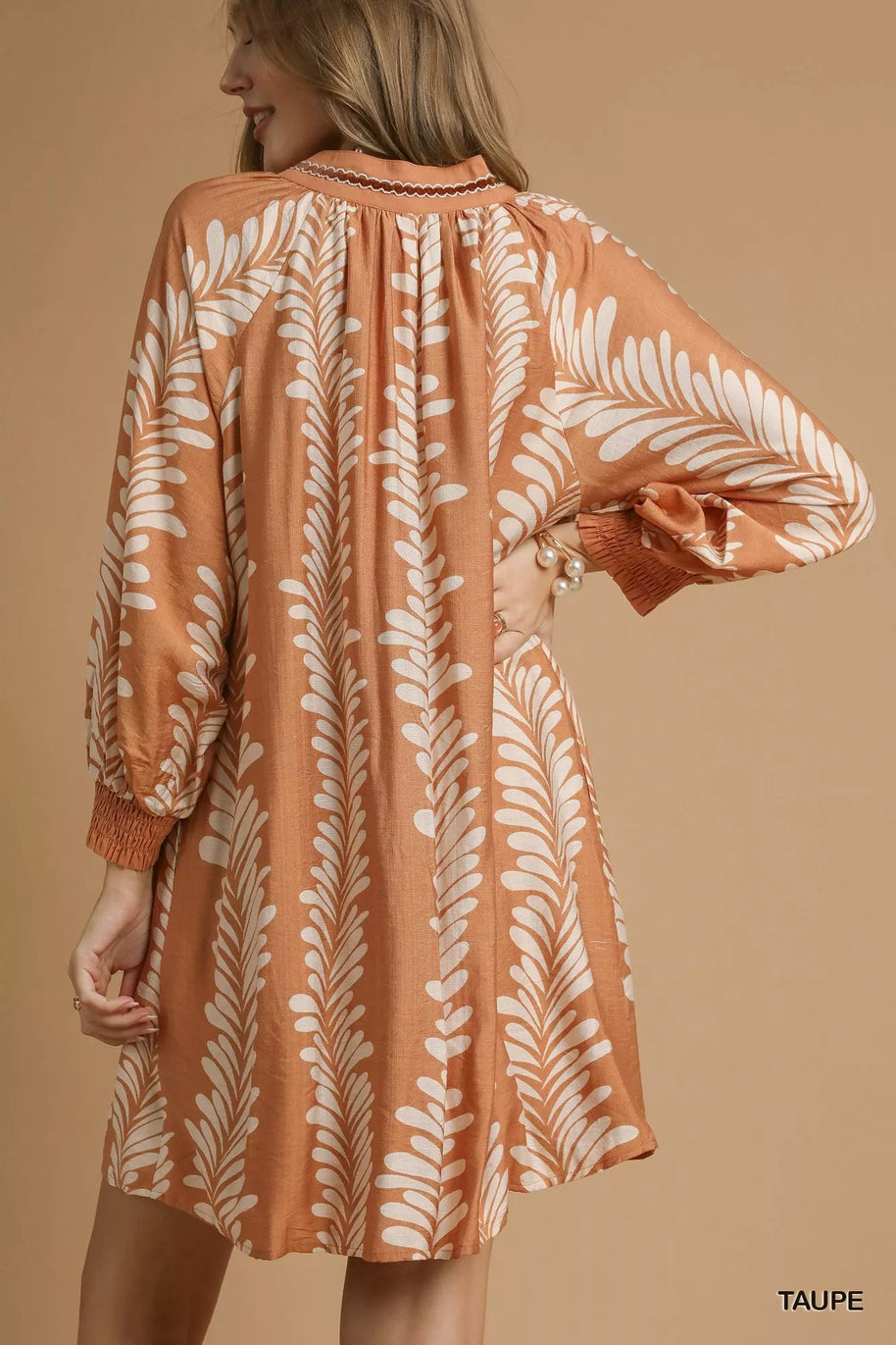 Umgee Leaf Print Notched Mini Babydoll Dress-Dresses-Trendsi-[option4]-[option5]-[option6]-[option7]-[option8]-Shop-Boutique-Clothing-for-Women-Online