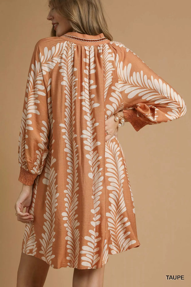 Umgee Leaf Print Notched Mini Babydoll Dress-Dresses-Trendsi-[option4]-[option5]-[option6]-[option7]-[option8]-Shop-Boutique-Clothing-for-Women-Online