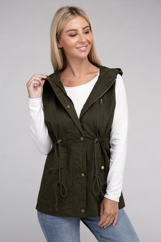 Zenana Drawstring Waist Military Hoodie Vest-ZENANA-[option4]-[option5]-[option6]-[option7]-[option8]-Shop-Boutique-Clothing-for-Women-Online