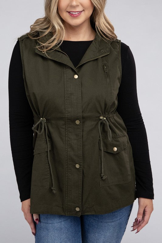Zenana Plus Drawstring Waist Military Hoodie Vest-ZENANA-DK OLIVE-1X-[option4]-[option5]-[option6]-[option7]-[option8]-Shop-Boutique-Clothing-for-Women-Online