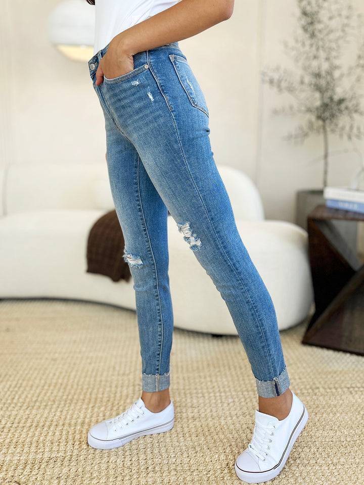 Judy Blue Mid Rise Destroy & Cuff Skinny Jeans-Trendsi-[option4]-[option5]-[option6]-[option7]-[option8]-Shop-Boutique-Clothing-for-Women-Online