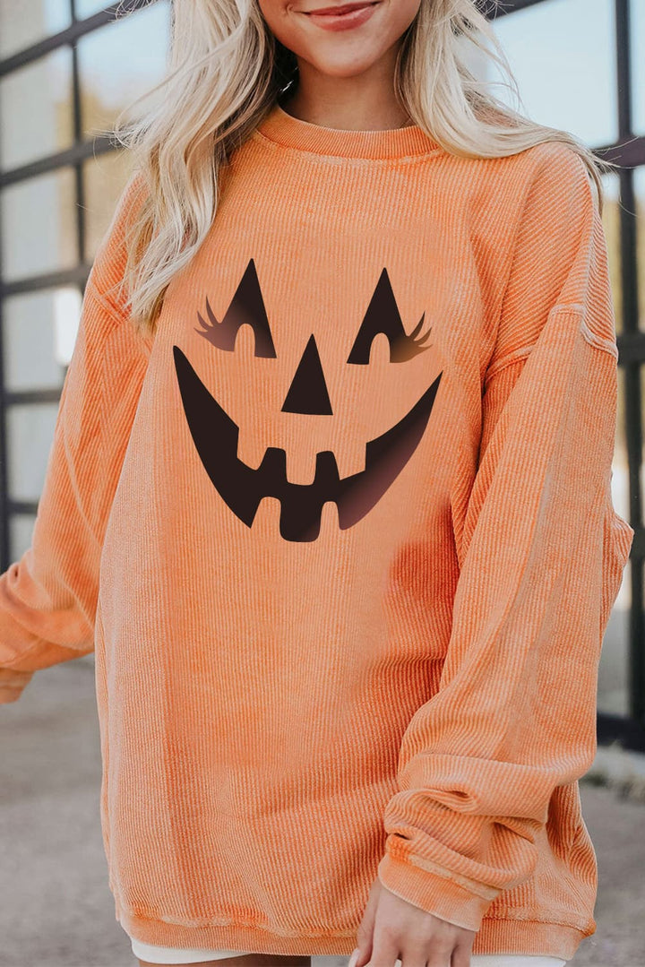 Round Neck Dropped Shoulder Jack-O'-Lantern Ribbed Graphic Sweatshirt-Trendsi-Caramel-S-[option4]-[option5]-[option6]-[option7]-[option8]-Shop-Boutique-Clothing-for-Women-Online