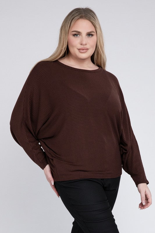 Zenana Plus Ribbed Batwing Long Sleeve Boat Neck Sweater-ZENANA-[option4]-[option5]-[option6]-[option7]-[option8]-Shop-Boutique-Clothing-for-Women-Online