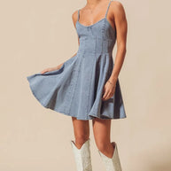 SO ME A Line Fit and Flare Denim Mini Dress-Dresses-Trendsi-[option4]-[option5]-[option6]-[option7]-[option8]-Shop-Boutique-Clothing-for-Women-Online