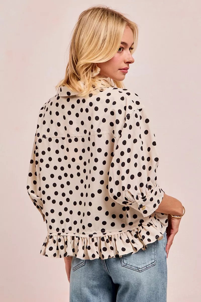BiBi Polka Dot Printed Peplum Top with Front Button-Blouses-Trendsi-[option4]-[option5]-[option6]-[option7]-[option8]-Shop-Boutique-Clothing-for-Women-Online