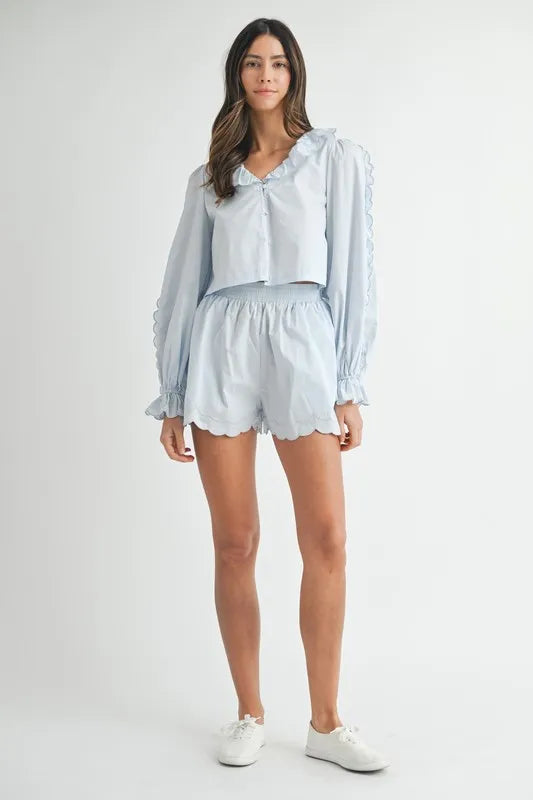 MABLE Long Sleeve Scallop Blouse and Shorts Set-Two Piece Shorts Sets-Trendsi-[option4]-[option5]-[option6]-[option7]-[option8]-Shop-Boutique-Clothing-for-Women-Online