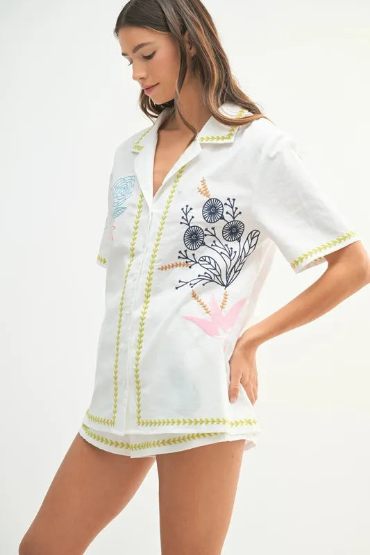 MABLE Embroidered Button Down Shirt and Shorts Set-Sets-Trendsi-[option4]-[option5]-[option6]-[option7]-[option8]-Shop-Boutique-Clothing-for-Women-Online