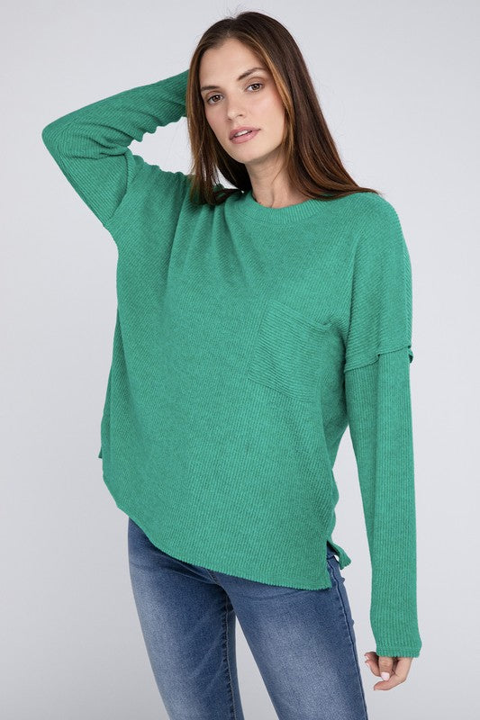 Zenana Ribbed Brushed Melange Hacci Sweater with a Pocket-ZENANA-[option4]-[option5]-[option6]-[option7]-[option8]-Shop-Boutique-Clothing-for-Women-Online