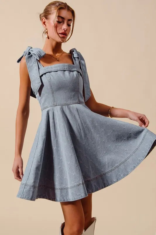 SO ME A Line Fit and Flare Diamond Bow Ribbon Denim Dres-Dresses-Trendsi-[option4]-[option5]-[option6]-[option7]-[option8]-Shop-Boutique-Clothing-for-Women-Online