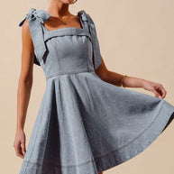 SO ME A Line Fit and Flare Diamond Bow Ribbon Denim Dres-Dresses-Trendsi-[option4]-[option5]-[option6]-[option7]-[option8]-Shop-Boutique-Clothing-for-Women-Online