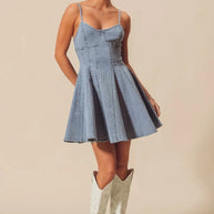SO ME A Line Fit and Flare Denim Mini Dress-Dresses-Trendsi-[option4]-[option5]-[option6]-[option7]-[option8]-Shop-Boutique-Clothing-for-Women-Online