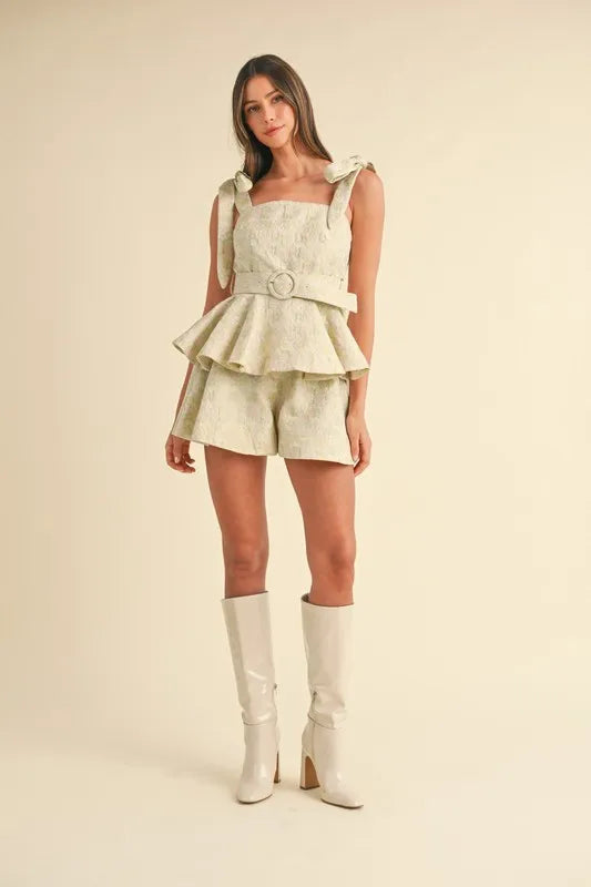 MABLE Jacquard Floral Peplum Top and Flare Shorts Set-Sets-Trendsi-[option4]-[option5]-[option6]-[option7]-[option8]-Shop-Boutique-Clothing-for-Women-Online