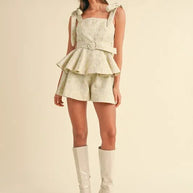 MABLE Jacquard Floral Peplum Top and Flare Shorts Set-Sets-Trendsi-[option4]-[option5]-[option6]-[option7]-[option8]-Shop-Boutique-Clothing-for-Women-Online