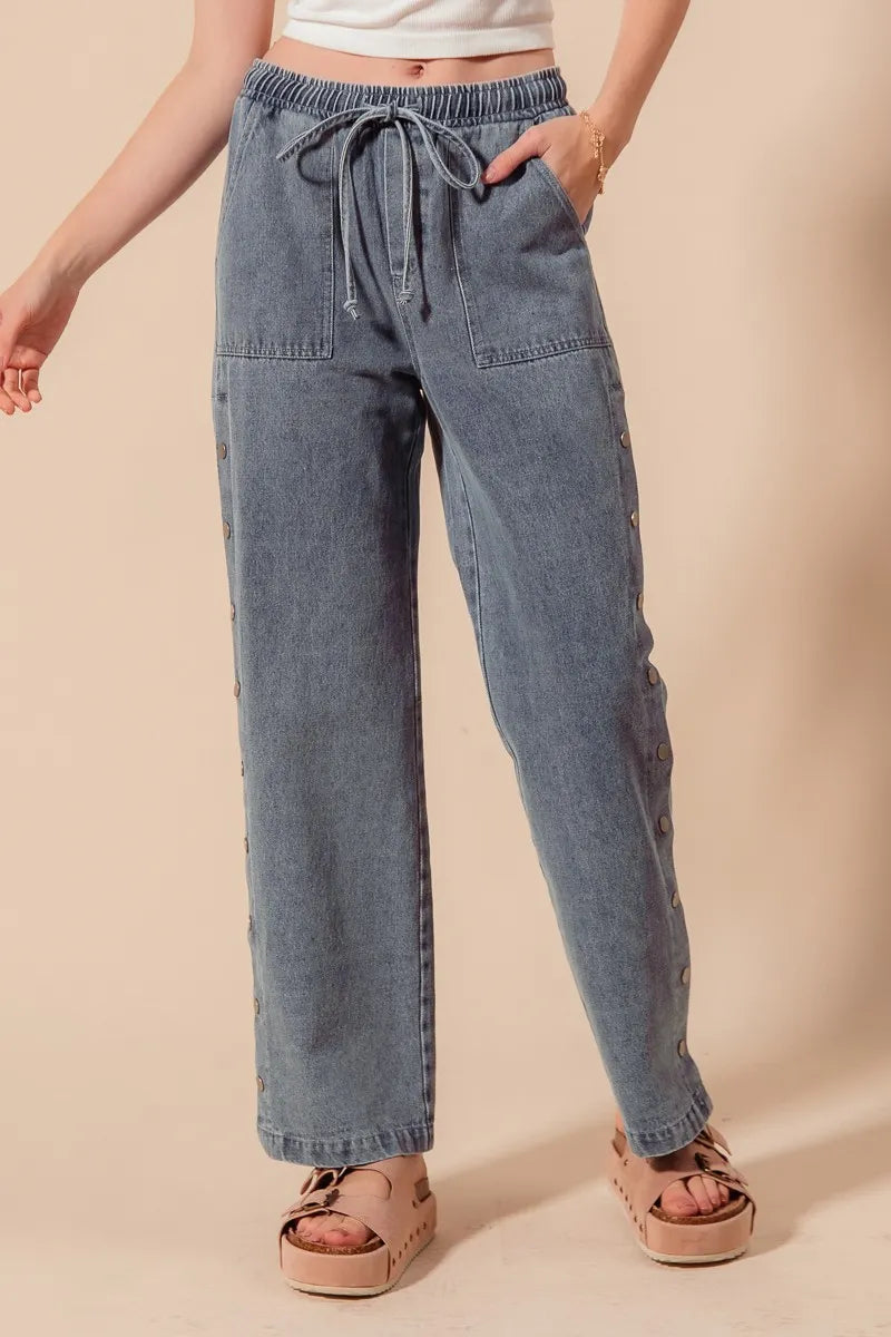 SO ME Mid Rise Drawstring Jeans with Side Snap Button-Jeans-Trendsi-[option4]-[option5]-[option6]-[option7]-[option8]-Shop-Boutique-Clothing-for-Women-Online