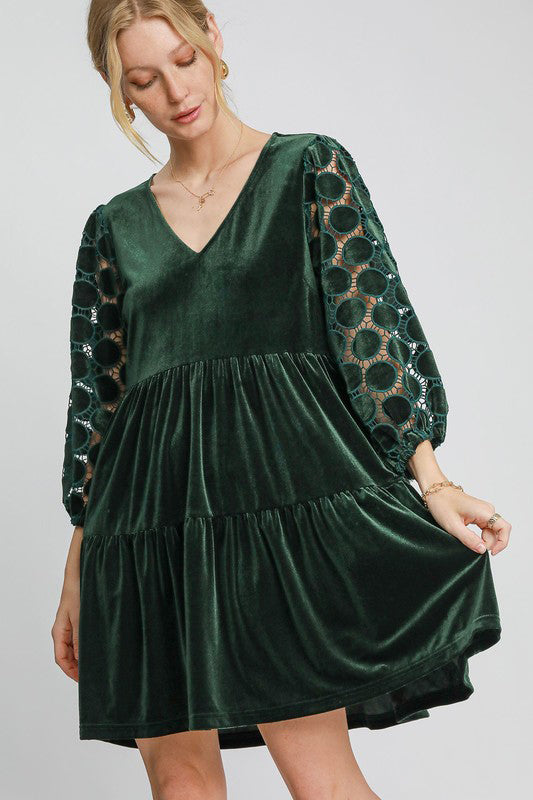 Umgee Dotted Lace Sleeve Tiered Velvet Mini Dress-Trendsi-Dark Green-S-[option4]-[option5]-[option6]-[option7]-[option8]-Shop-Boutique-Clothing-for-Women-Online