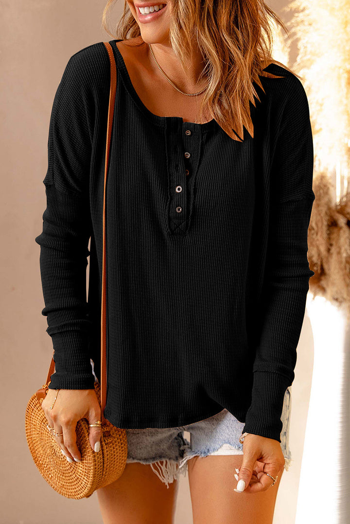 Double Take Half Button Henley Top-Trendsi-Black-S-[option4]-[option5]-[option6]-[option7]-[option8]-Shop-Boutique-Clothing-for-Women-Online