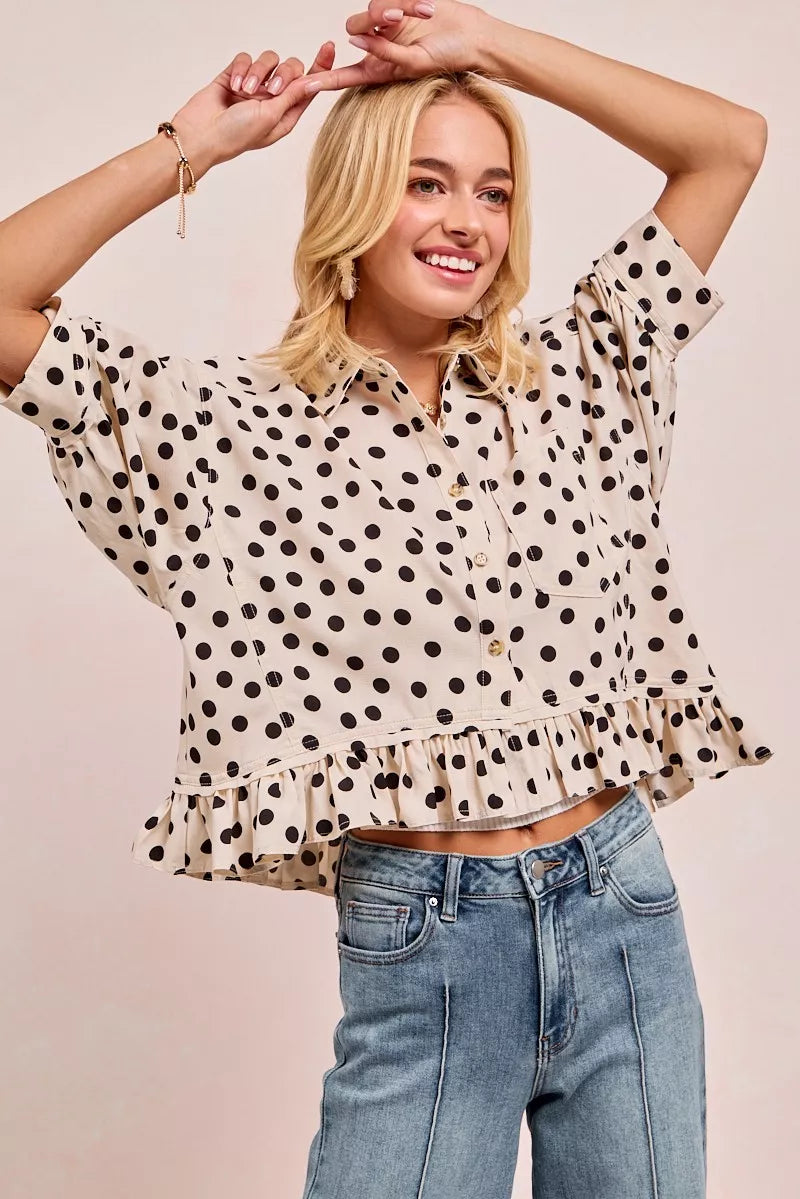 BiBi Polka Dot Printed Peplum Top with Front Button-Blouses-Trendsi-[option4]-[option5]-[option6]-[option7]-[option8]-Shop-Boutique-Clothing-for-Women-Online