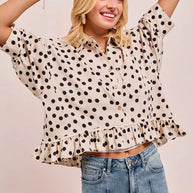 BiBi Polka Dot Printed Peplum Top with Front Button-Blouses-Trendsi-[option4]-[option5]-[option6]-[option7]-[option8]-Shop-Boutique-Clothing-for-Women-Online