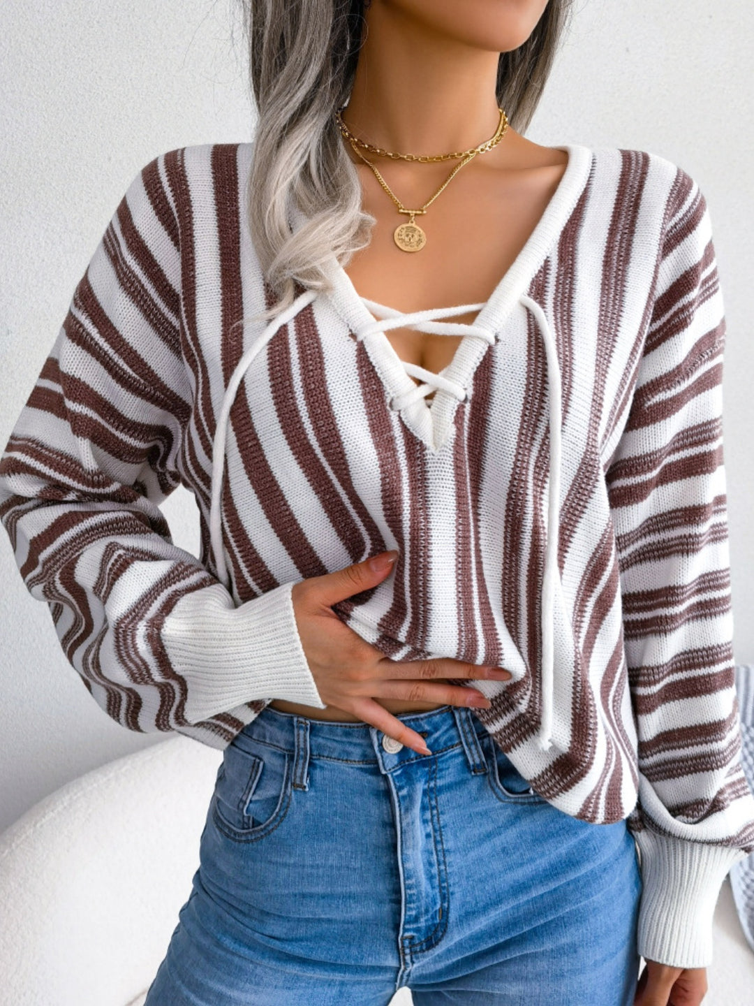 Striped Lace-Up Long Sleeve Sweater-Trendsi-Taupe-S-[option4]-[option5]-[option6]-[option7]-[option8]-Shop-Boutique-Clothing-for-Women-Online