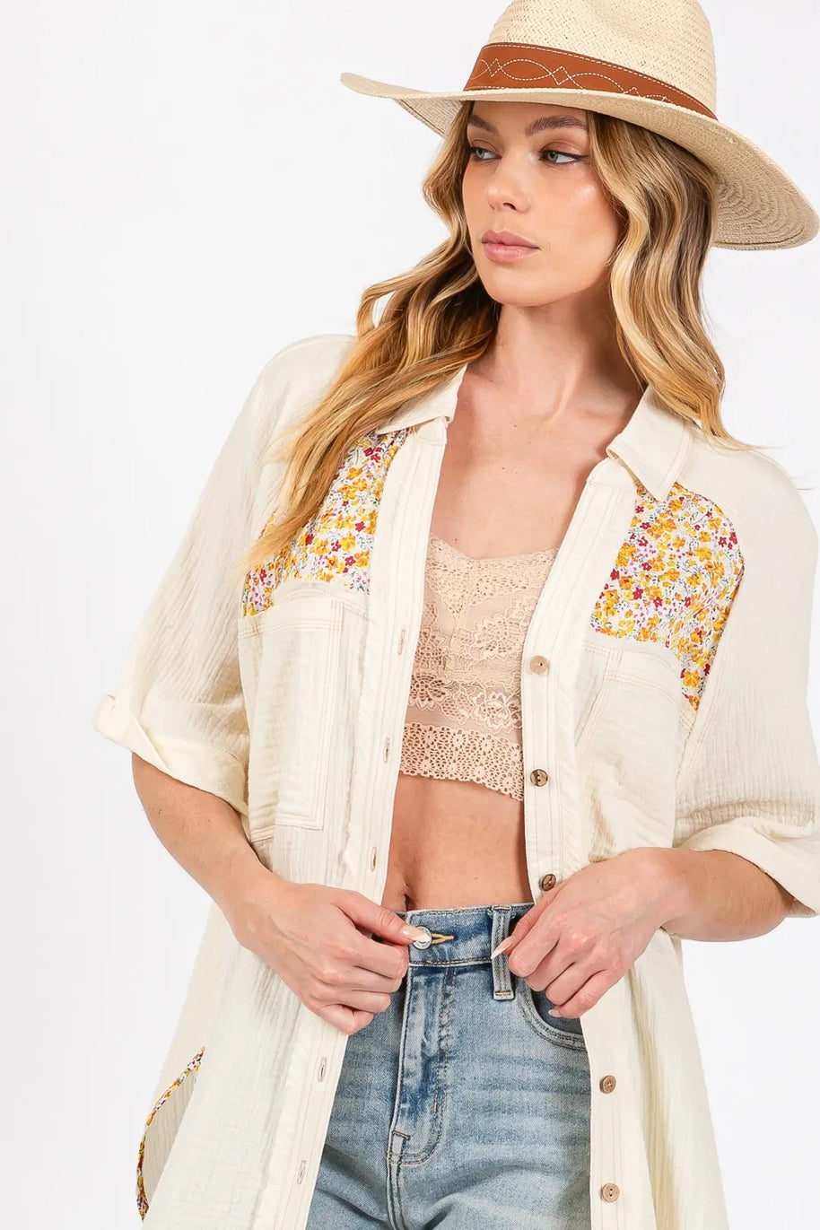 SAGE + FIG Full Size Floral Detail Button Up Short Sleeve Shirt-Tops-Trendsi-[option4]-[option5]-[option6]-[option7]-[option8]-Shop-Boutique-Clothing-for-Women-Online