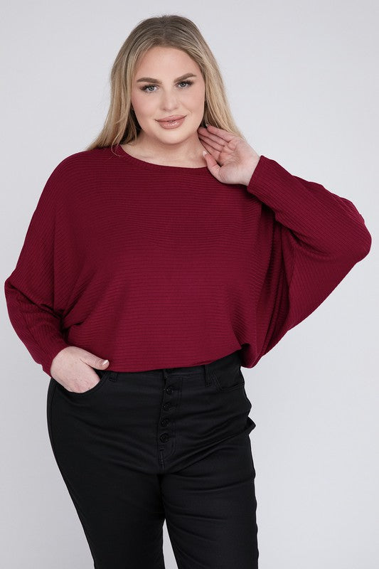 Zenana Plus Ribbed Batwing Long Sleeve Boat Neck Sweater-ZENANA-[option4]-[option5]-[option6]-[option7]-[option8]-Shop-Boutique-Clothing-for-Women-Online