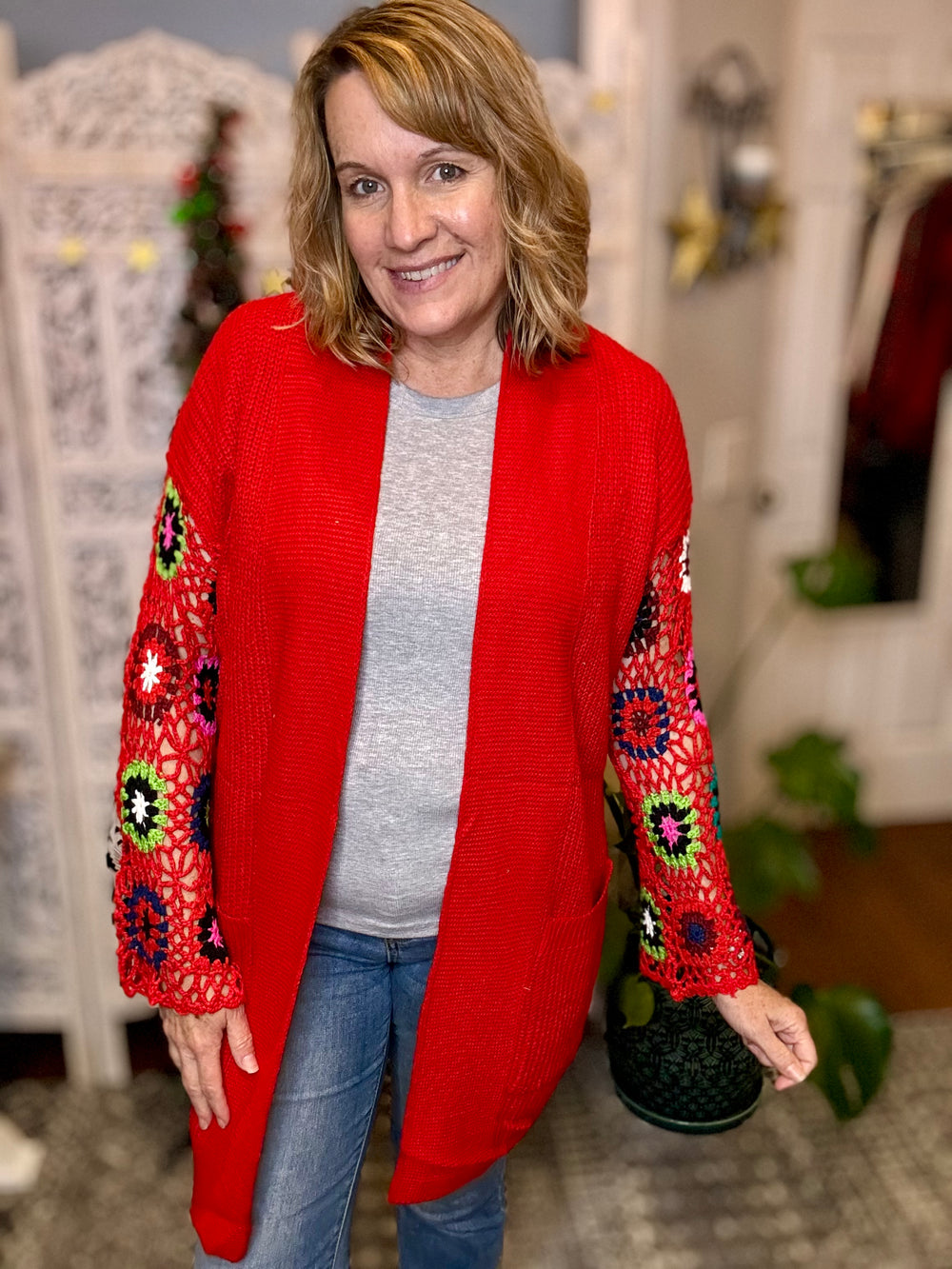 Blakeley Crochet Sleeve Cardigan-The Bee Chic Boutique-OS-Red-[option4]-[option5]-[option6]-[option7]-[option8]-Shop-Boutique-Clothing-for-Women-Online