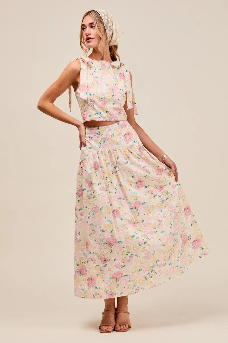 SO ME Floral Printed Woven Shoulder Bow Tie Top and Skirt Set-Dresses-Trendsi-[option4]-[option5]-[option6]-[option7]-[option8]-Shop-Boutique-Clothing-for-Women-Online